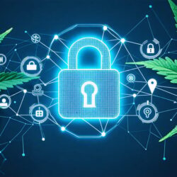 Conceptual image of a digital padlock and cybersecurity symbols overlaid with cannabis leaves, representing the fusion of secure online transactions and the CBD industry.