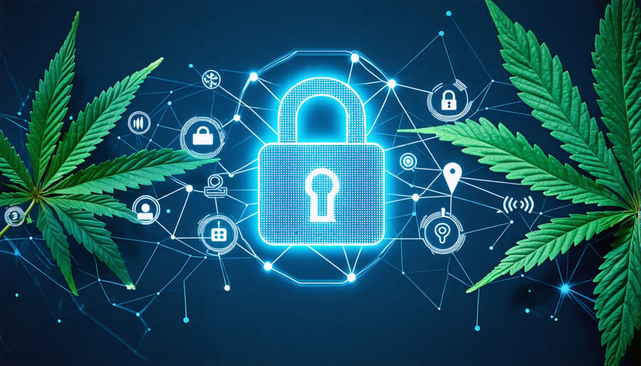 Conceptual image of a digital padlock and cybersecurity symbols overlaid with cannabis leaves, representing the fusion of secure online transactions and the CBD industry.