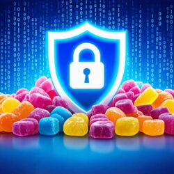 Illustration depicting a digital shield protecting freeze-dried candies with binary code and lock symbols, symbolizing cybersecurity for candy retailers.