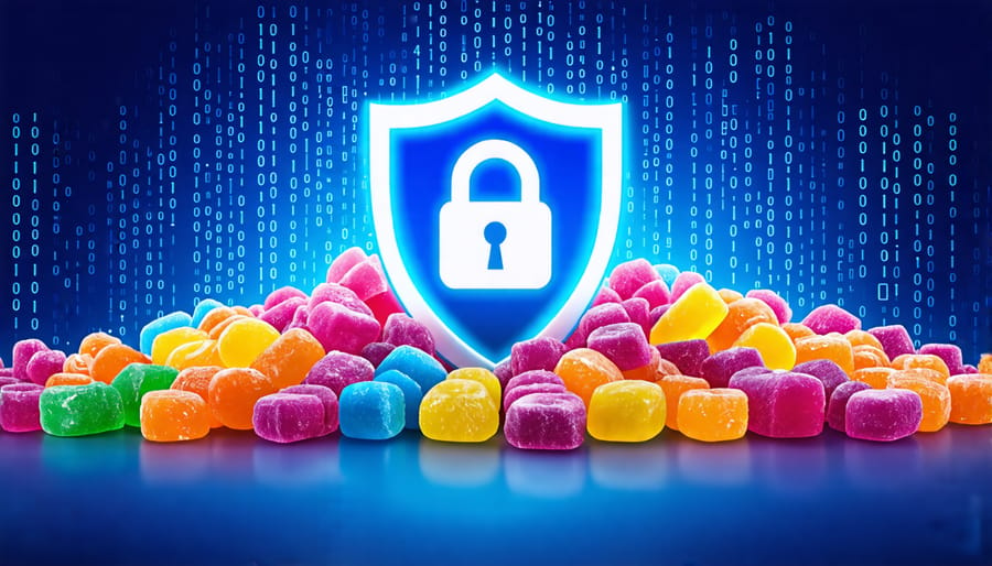 Illustration depicting a digital shield protecting freeze-dried candies with binary code and lock symbols, symbolizing cybersecurity for candy retailers.